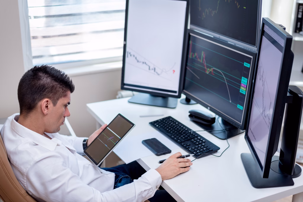 A modern investor analyzing global charts to find the best emerging market stocks.